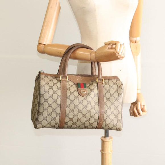 GUCCI GG Supreme Web Sherry Line Boston Bag PVC Beige Gold 40 02 007 Auth KD431