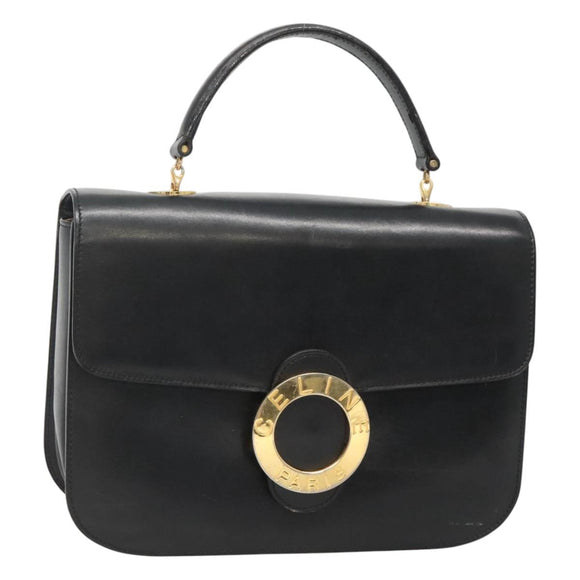 CELINE Circle Hand Bag Leather Black Gold Auth KD513