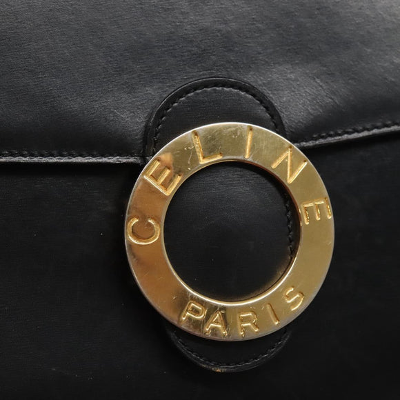 CELINE Circle Hand Bag Leather Black Gold Auth KD513