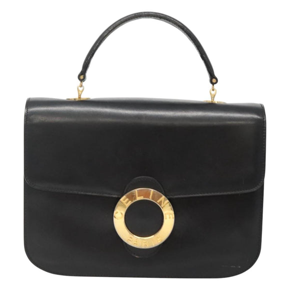 CELINE Circle Hand Bag Leather Black Gold Auth KD513