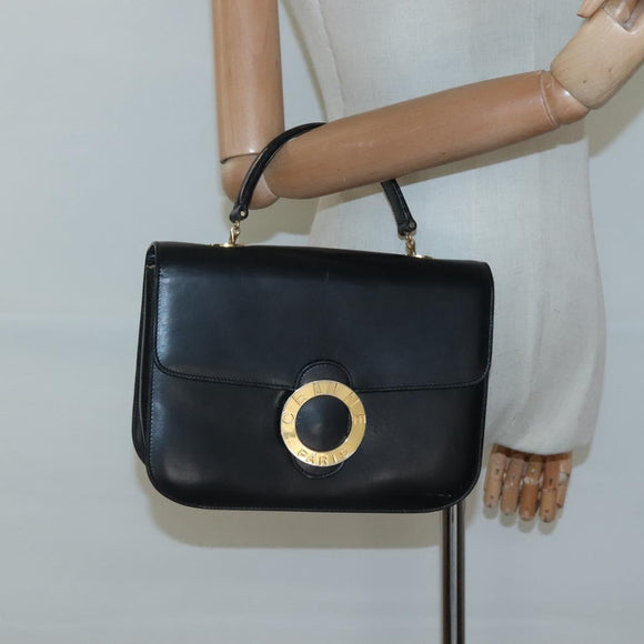 CELINE Circle Hand Bag Leather Black Gold Auth KD513