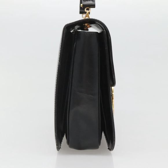 CELINE Circle Hand Bag Leather Black Gold Auth KD513