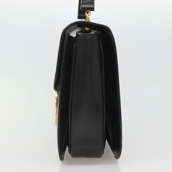 CELINE Circle Hand Bag Leather Black Gold Auth KD513