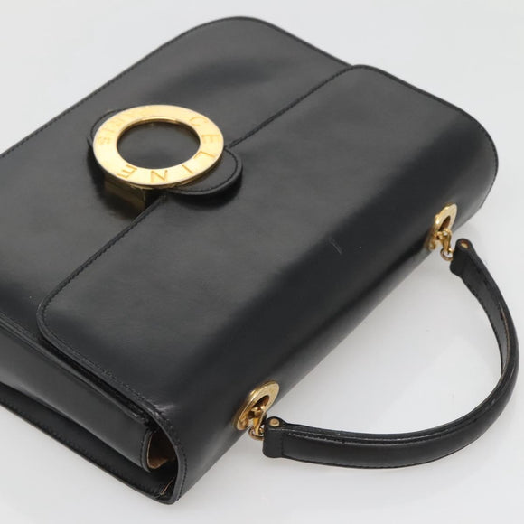 CELINE Circle Hand Bag Leather Black Gold Auth KD513