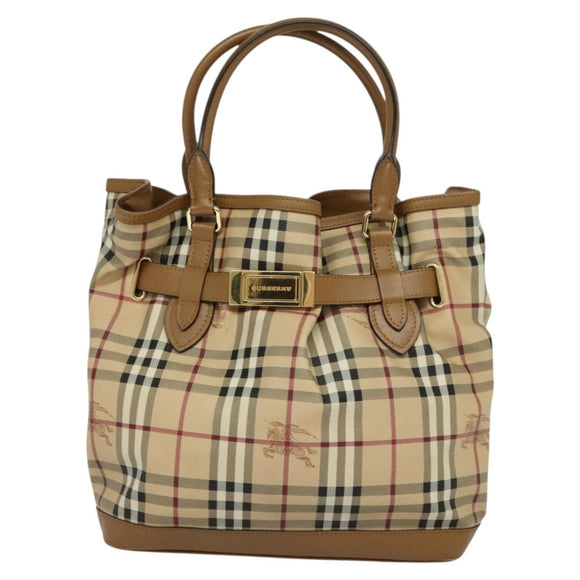 BURBERRY Nova Check Hand Bag PVC 2way Beige Gold Auth KD524