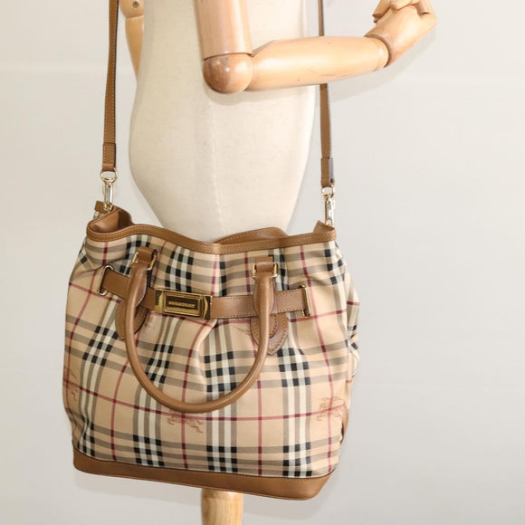 BURBERRY Nova Check Hand Bag PVC 2way Beige Gold Auth KD524