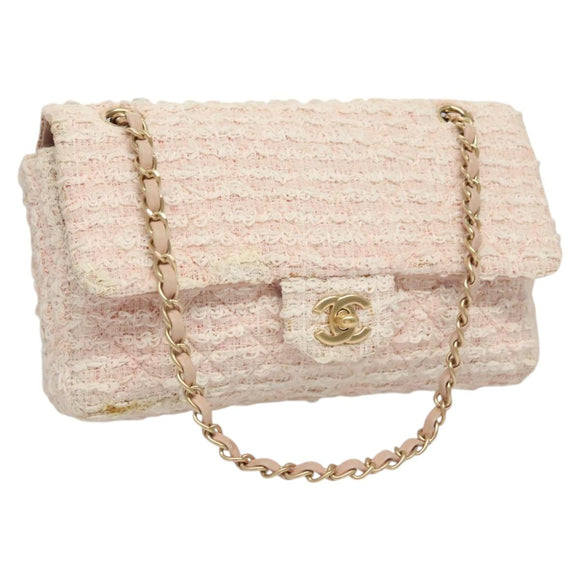 CHANEL Matelasse Chain Shoulder Bag tweed Pink CC Auth KD532