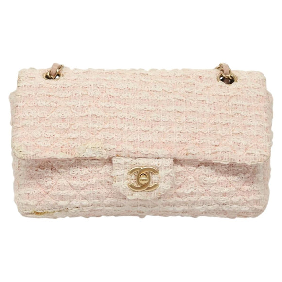 CHANEL Matelasse Chain Shoulder Bag tweed Pink CC Auth KD532