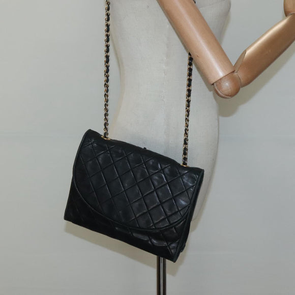 CHANEL Matelasse Chain Shoulder Bag Lamb Skin Black CC Auth KD533