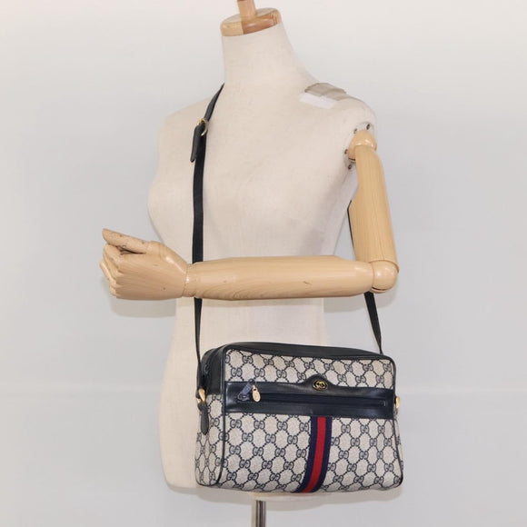 GUCCI GG Supreme Sherry Line Bag PVC Navy Gold Red 42 01 4071 Auth KD539