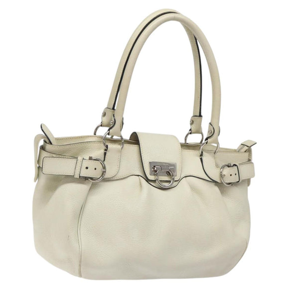 Salvatore Ferragamo Gancini Shoulder Bag Leather White Silver Auth KD545