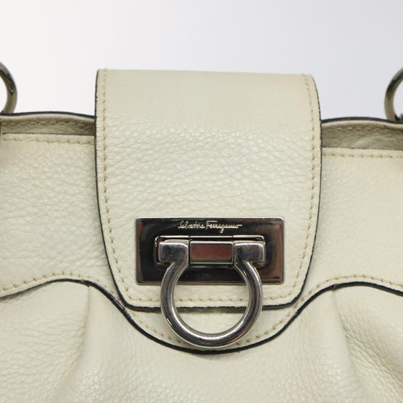 Salvatore Ferragamo Gancini Shoulder Bag Leather White Silver Auth KD545