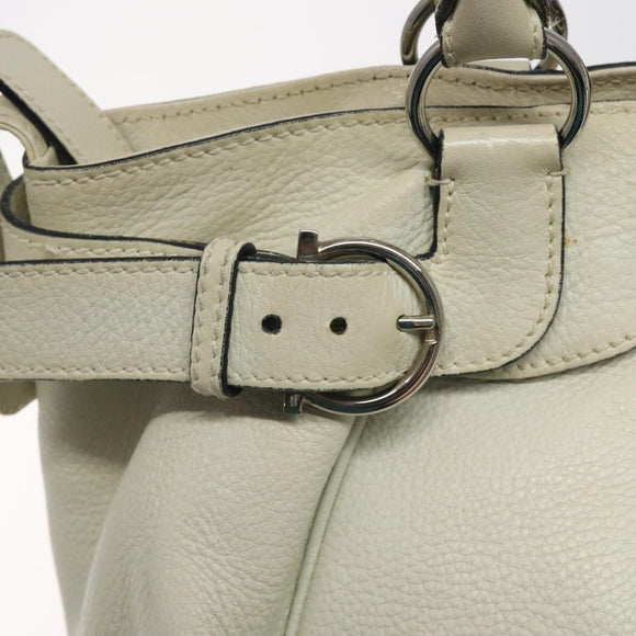 Salvatore Ferragamo Gancini Shoulder Bag Leather White Silver Auth KD545