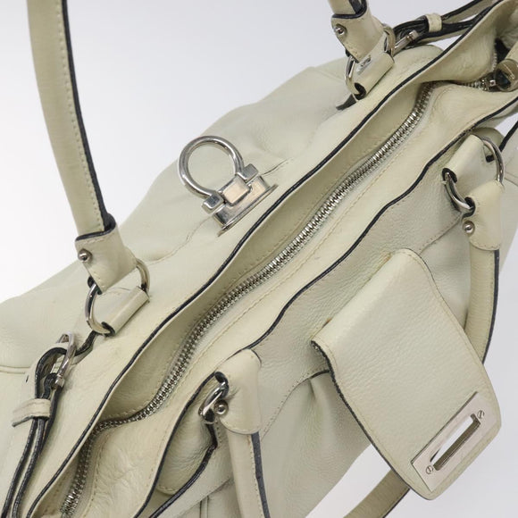 Salvatore Ferragamo Gancini Shoulder Bag Leather White Silver Auth KD545