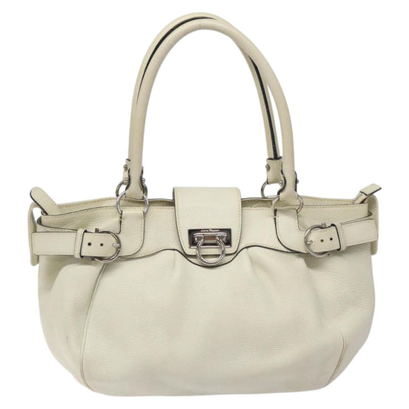 Salvatore Ferragamo Gancini Shoulder Bag Leather White Silver Auth KD545
