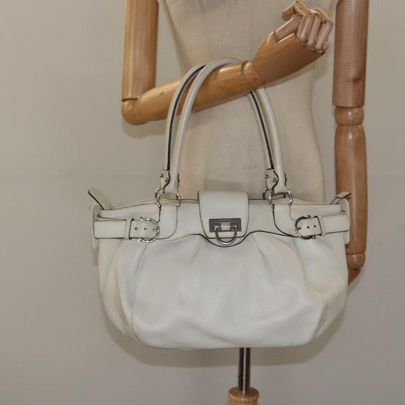 Salvatore Ferragamo Gancini Shoulder Bag Leather White Silver Auth KD545