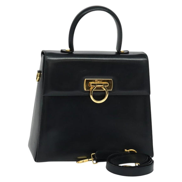 Salvatore Ferragamo Gancini Hand Bag Leather 2way Black Gold Auth KD547