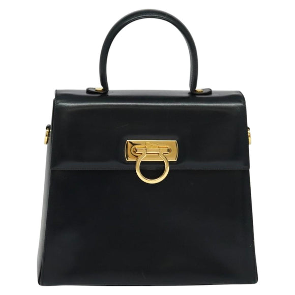 Salvatore Ferragamo Gancini Hand Bag Leather 2way Black Gold Auth KD547