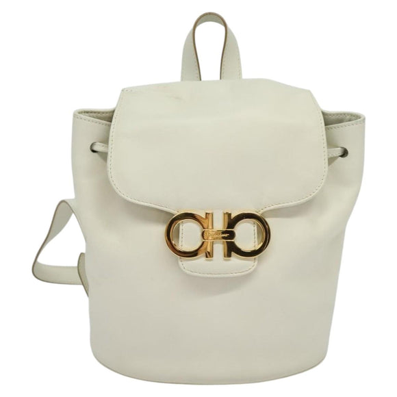 Salvatore Ferragamo Gancini Backpack Leather White Gold Auth KD549