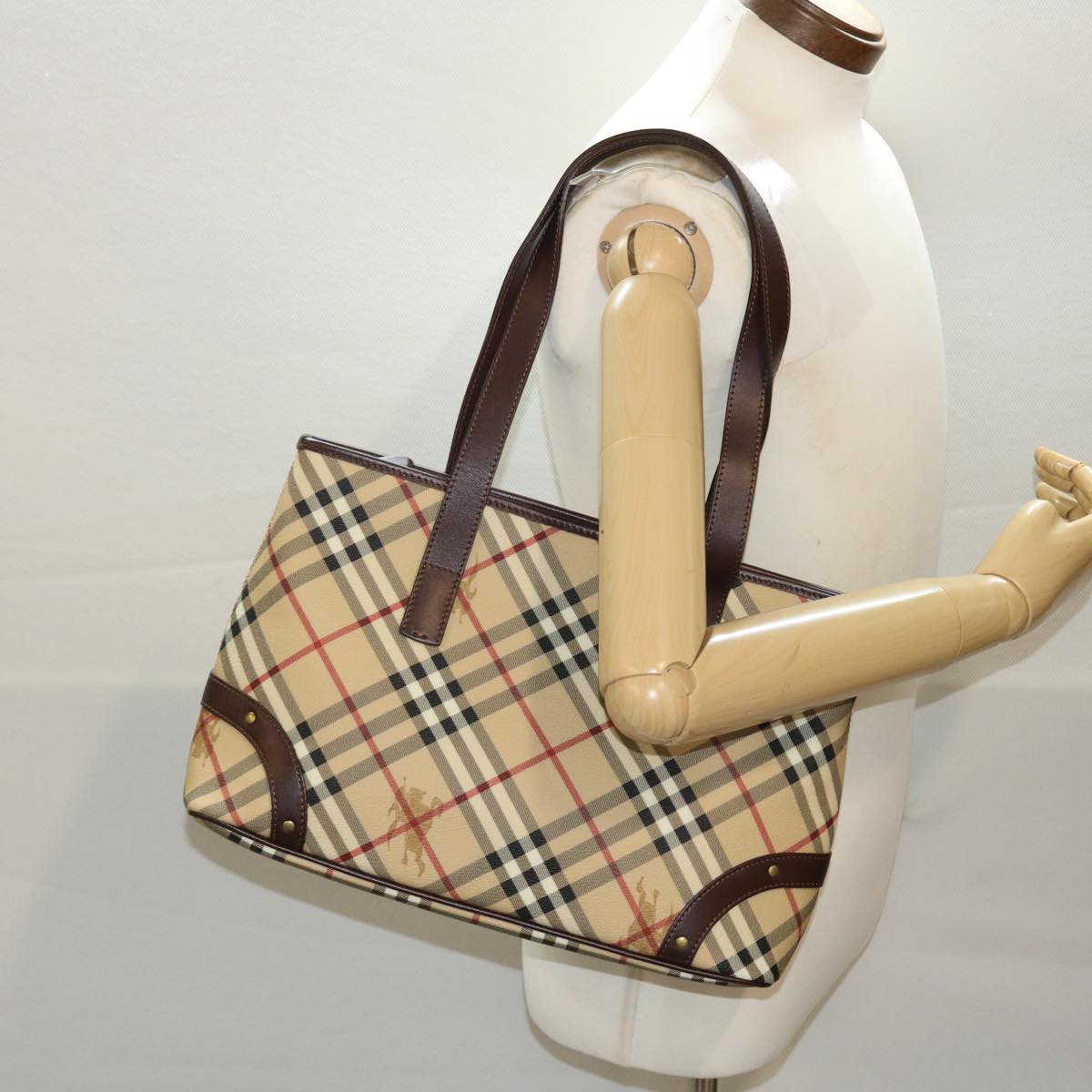 BURBERRY Nova Check Hand Bag PVC Leather Beige Auth ki3277