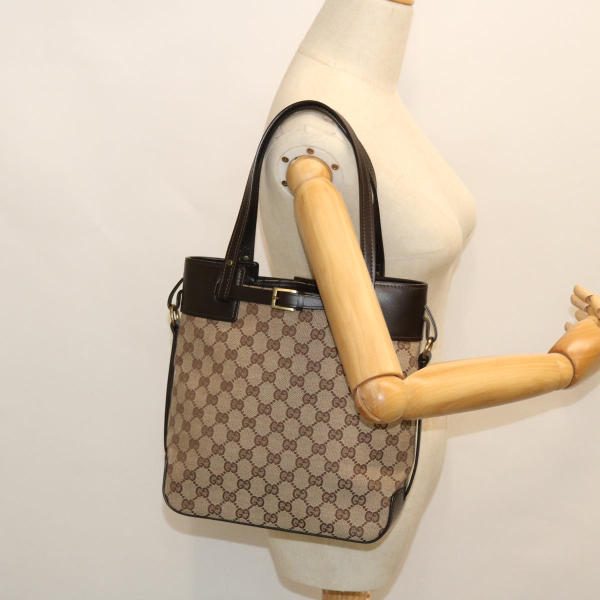 GUCCI GG Canvas Tote Bag Canvas Leather Beige Brown 107757 Auth ki3340