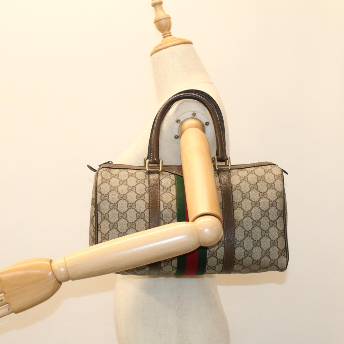 GUCCI GG Canvas Web Sherry Line Boston Bag PVC Leather Beige Green Auth ki3376