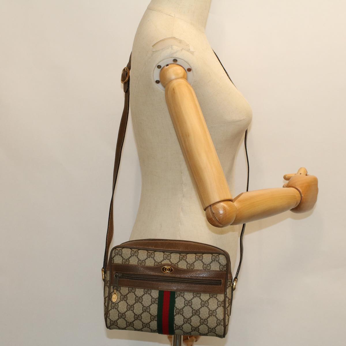 GUCCI GG Canvas Web Sherry Line Shoulder Bag PVC Leather Beige Green Auth ki3425