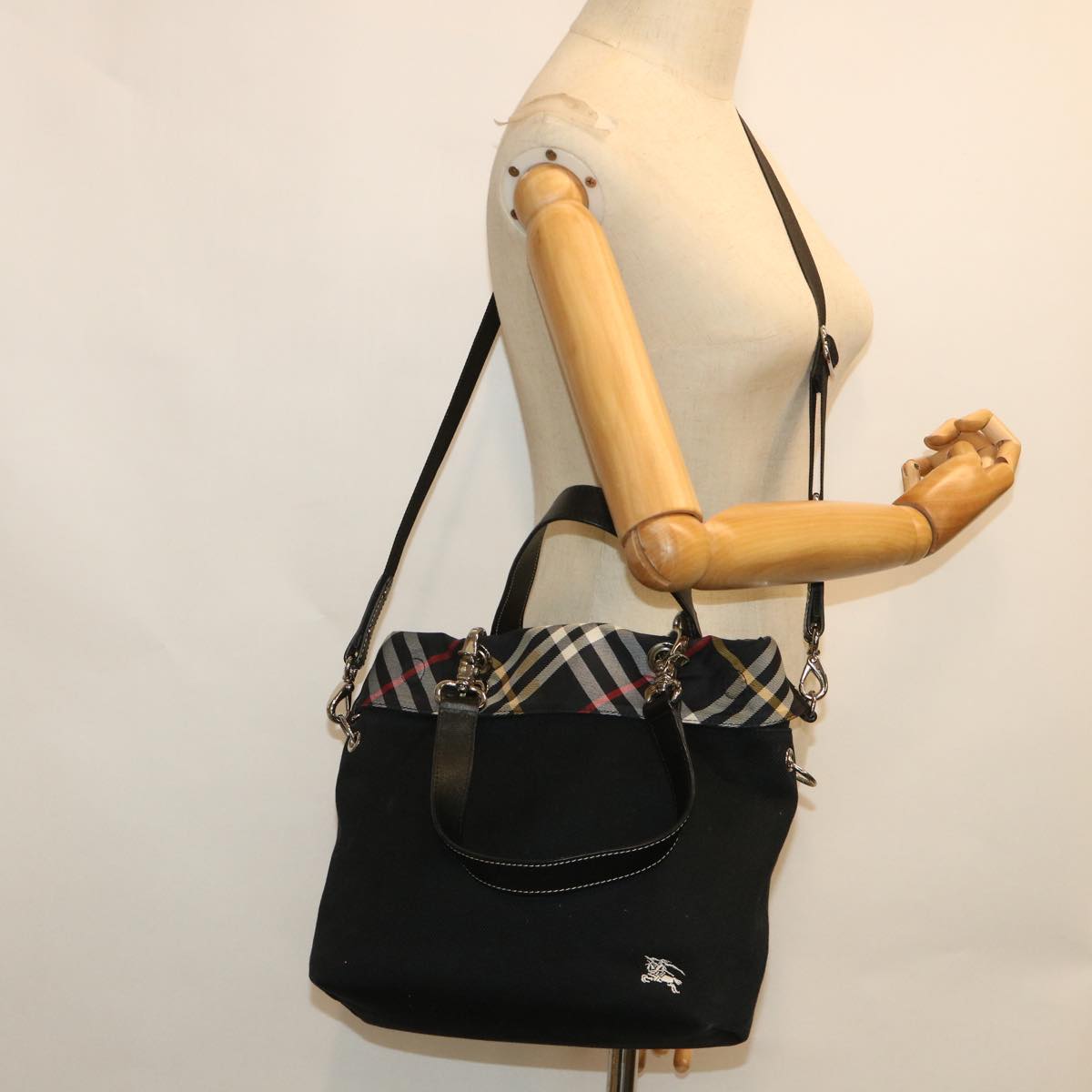 BURBERRY Nova Check Blue Label Shoulder Bag Canvas 2way Black Auth ki3462