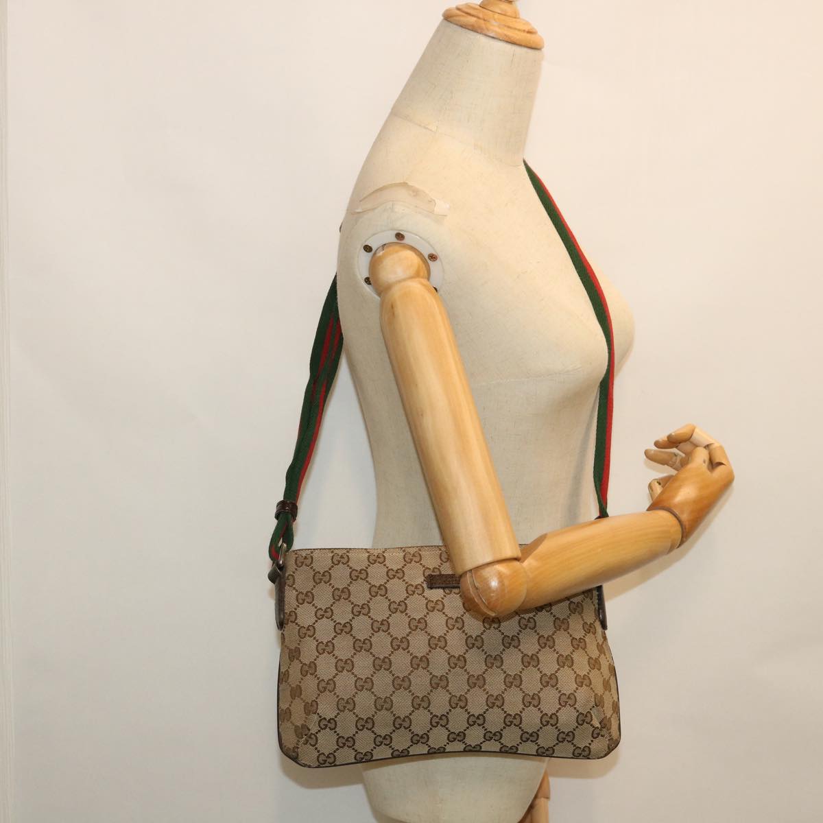 GUCCI GG Canvas Shoulder Bag Web Sherry Line Beige Red Green 91762 Auth ki3523