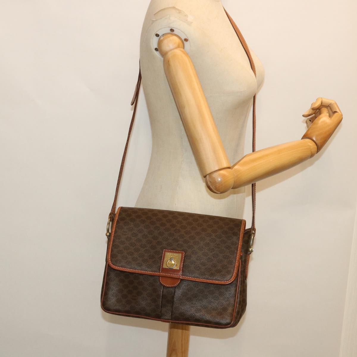 CELINE Macadam Canvas Shoulder Bag PVC Leather Brown Auth ki3561