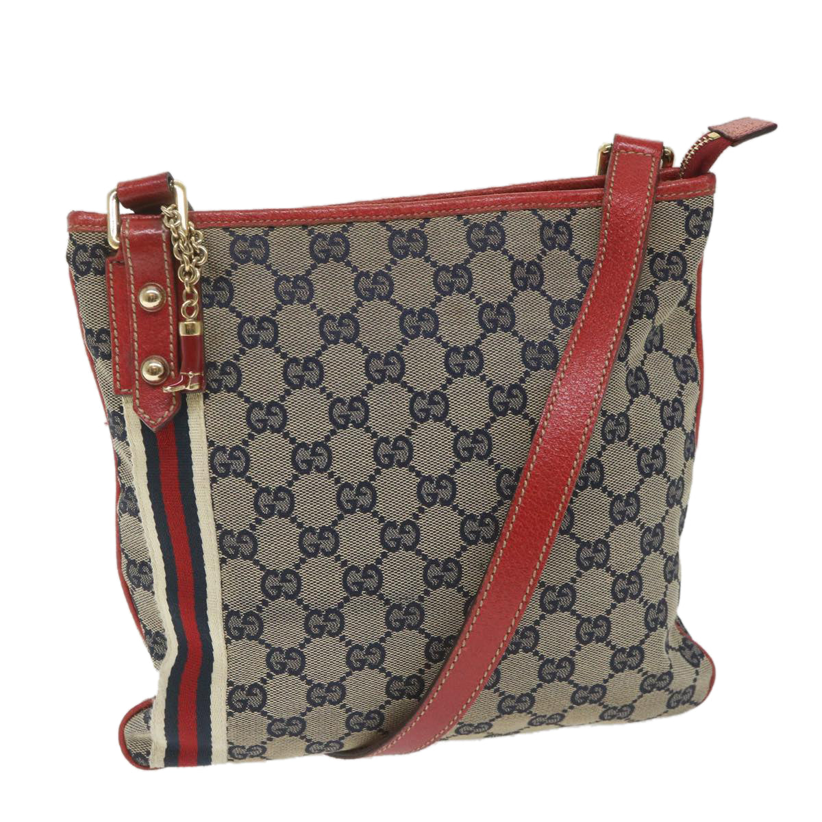 GUCCI GG Canvas Sherry Line Shoulder Bag Navy Red 144388 Auth ki3671