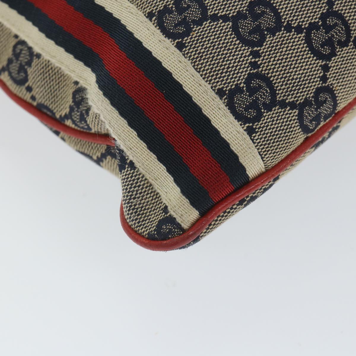 GUCCI GG Canvas Sherry Line Shoulder Bag Navy Red 144388 Auth ki3671