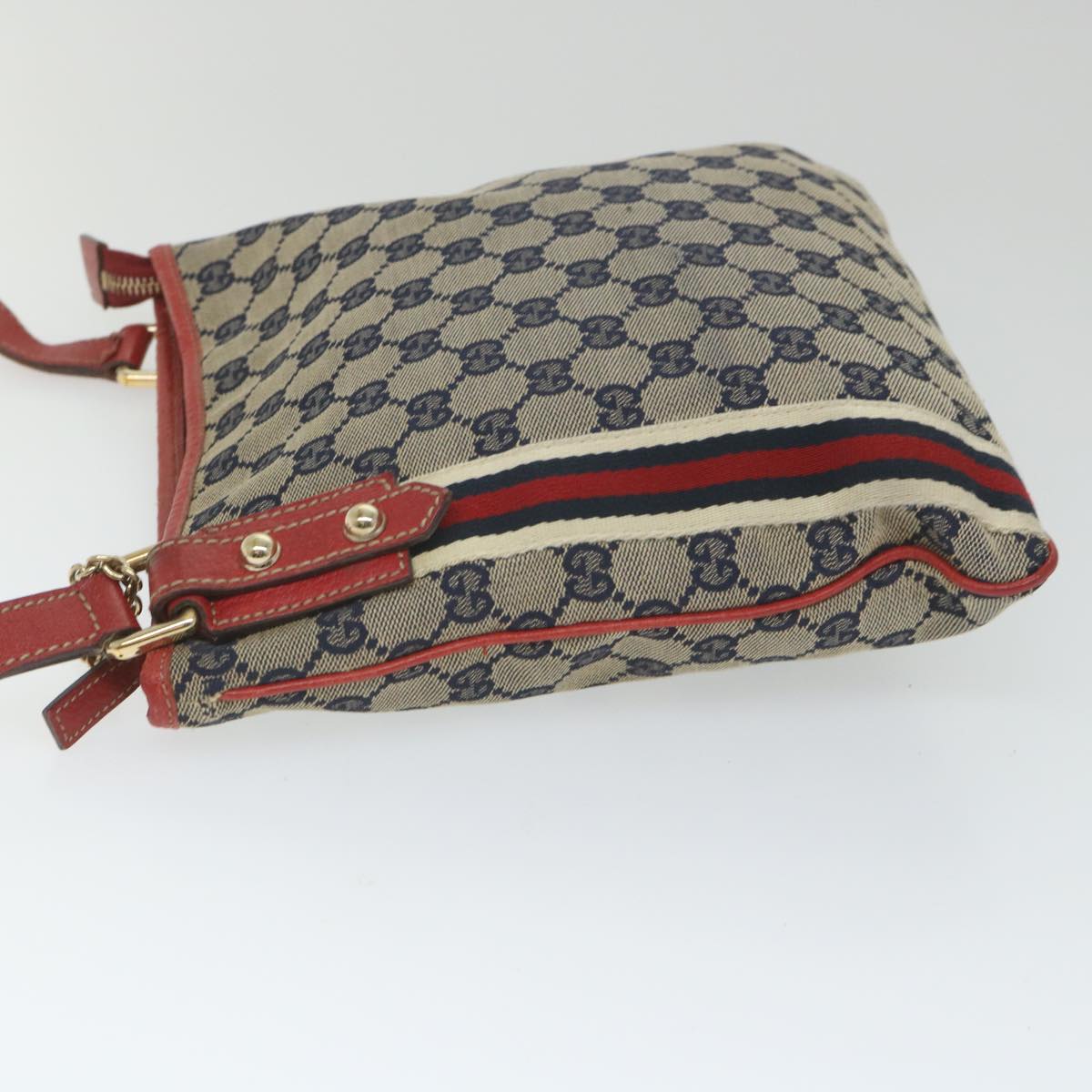 GUCCI GG Canvas Sherry Line Shoulder Bag Navy Red 144388 Auth ki3671