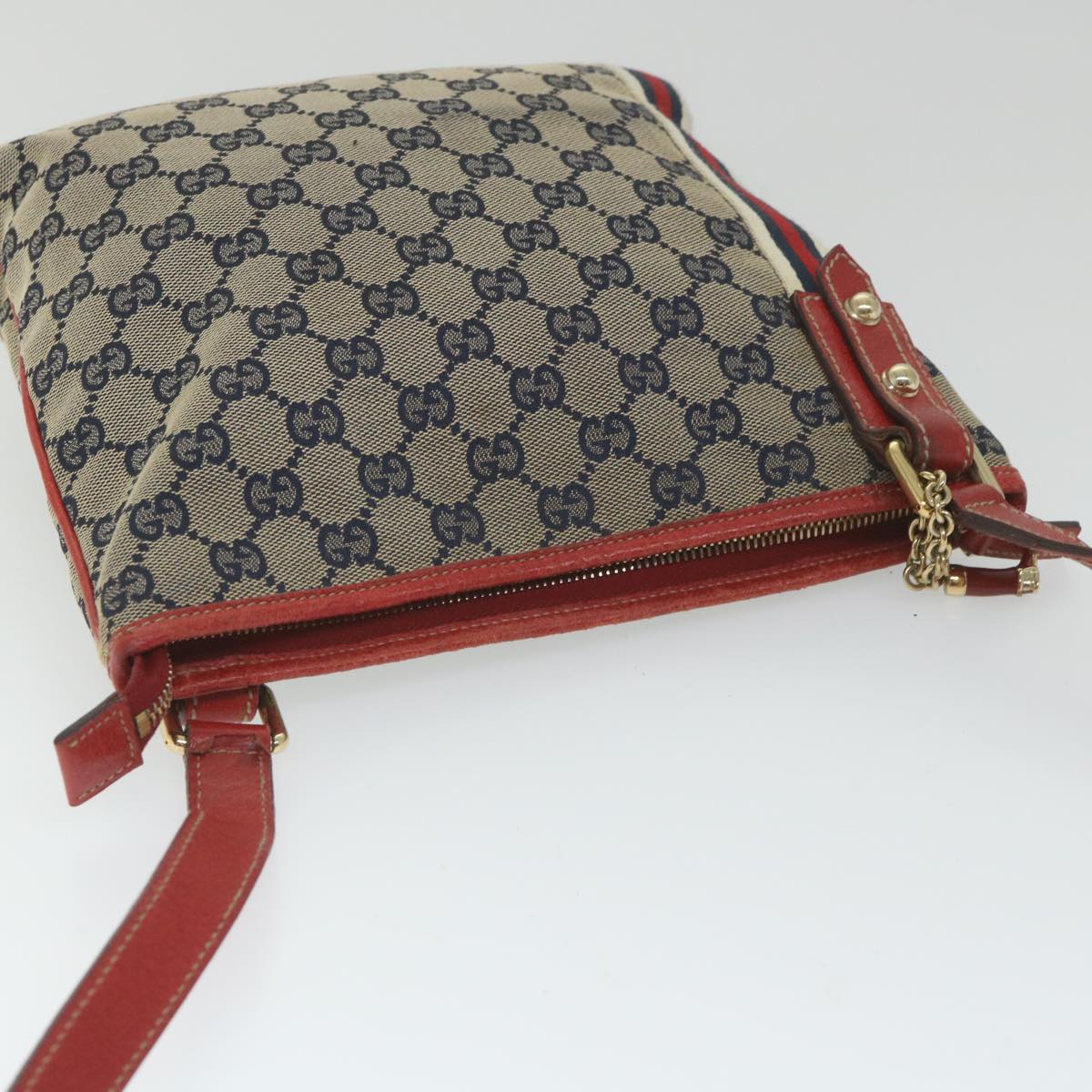 GUCCI GG Canvas Sherry Line Shoulder Bag Navy Red 144388 Auth ki3671