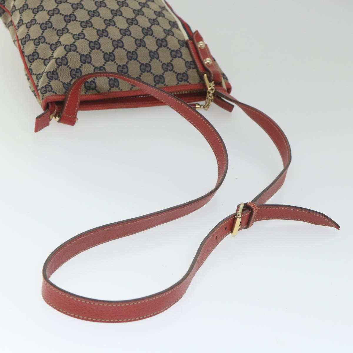 GUCCI GG Canvas Sherry Line Shoulder Bag Navy Red 144388 Auth ki3671