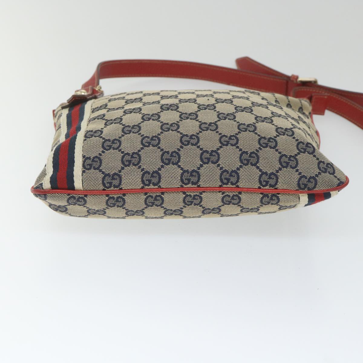 GUCCI GG Canvas Sherry Line Shoulder Bag Navy Red 144388 Auth ki3671