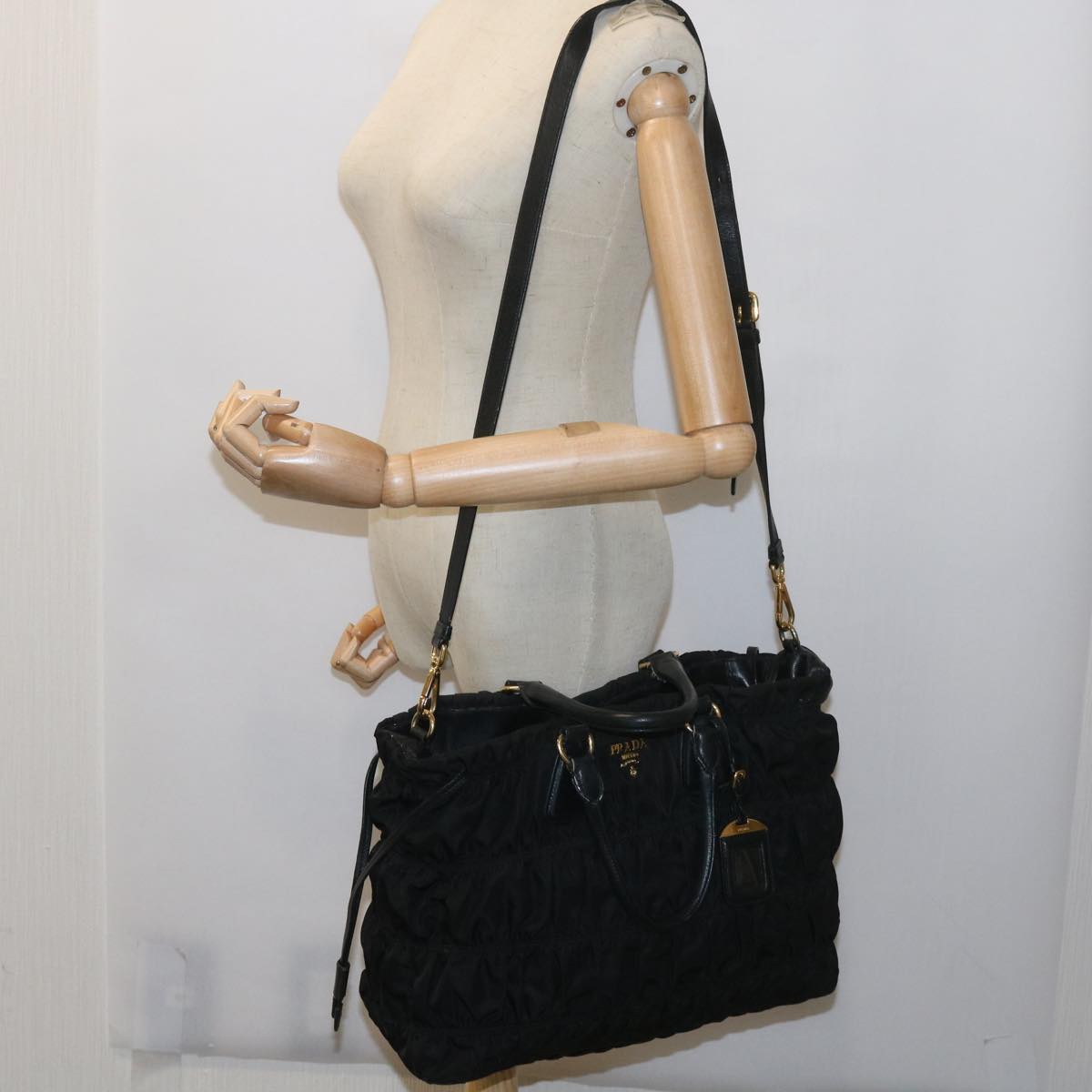 PRADA Gathered Hand Bag Nylon 2way Black Auth ki3729