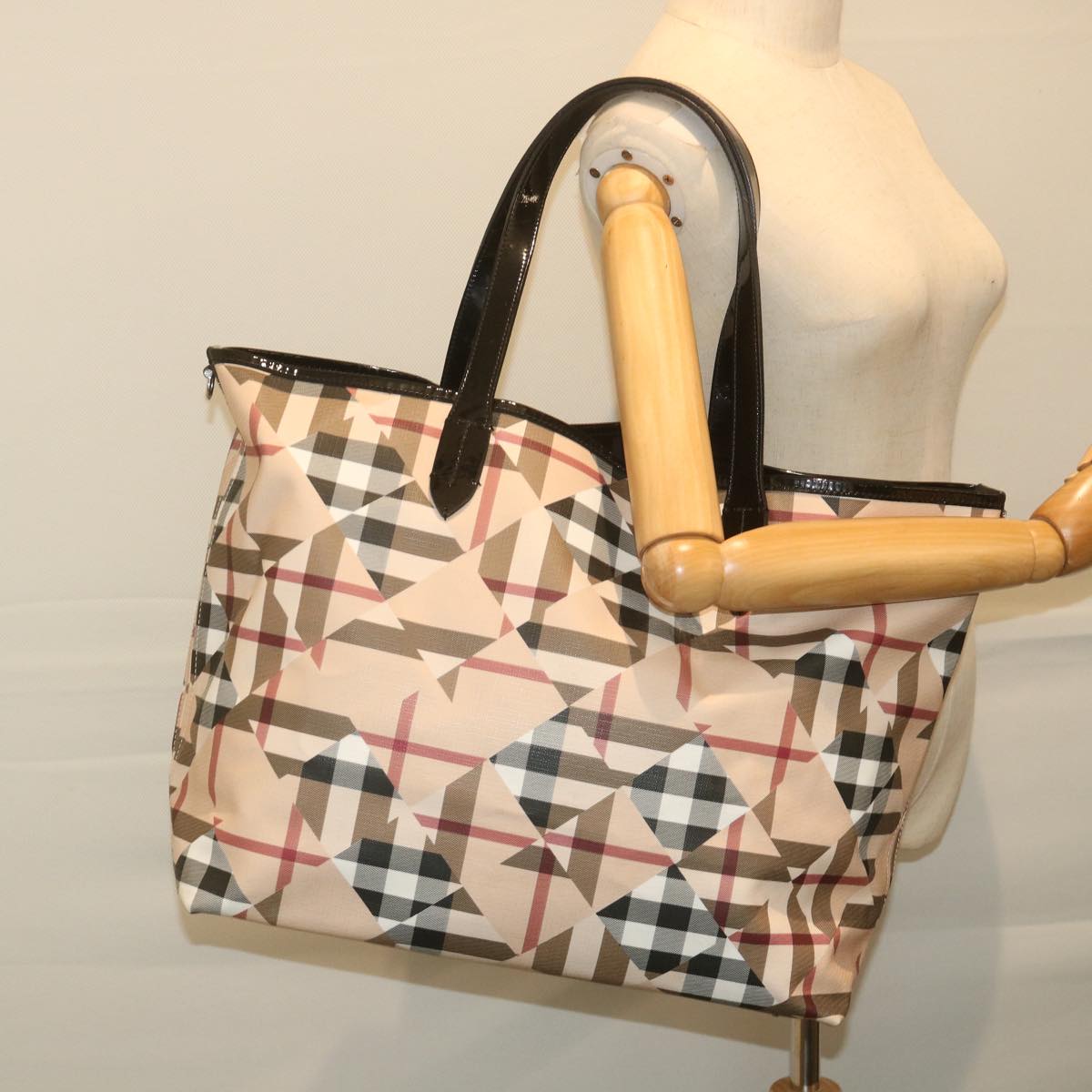 BURBERRY Nova Check Tote Bag PVC Leather Beige Auth ki3736