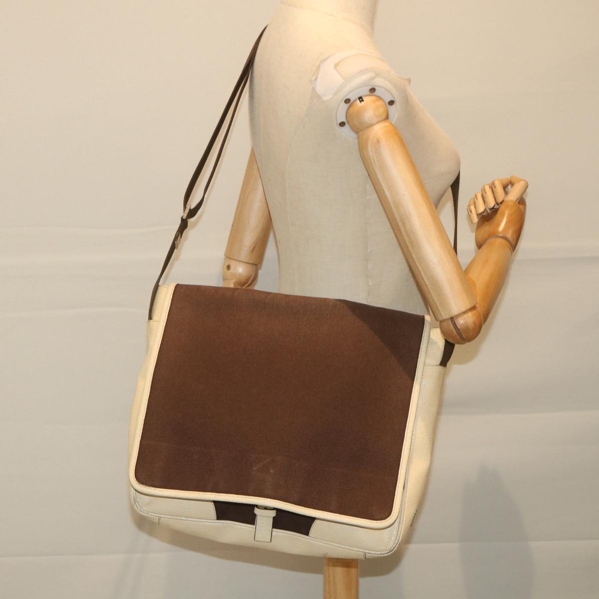 PRADA Shoulder Bag Canvas Leather Beige Brown Auth ki3765