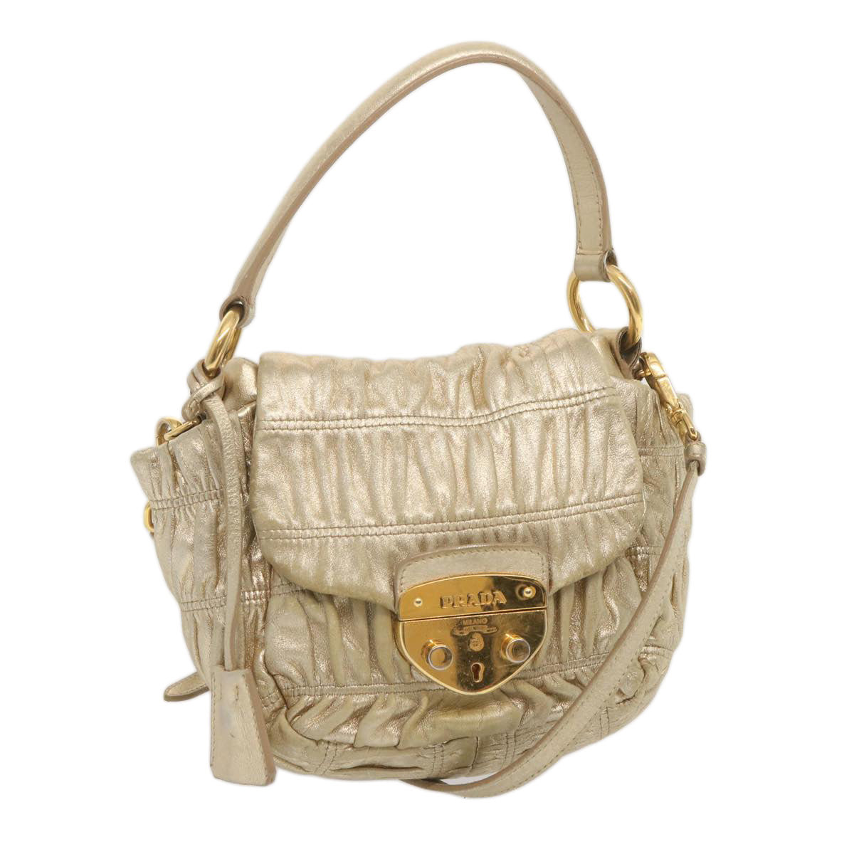 PRADA Gathered Shoulder Bag Leather 2way Gold Tone Auth ki3791