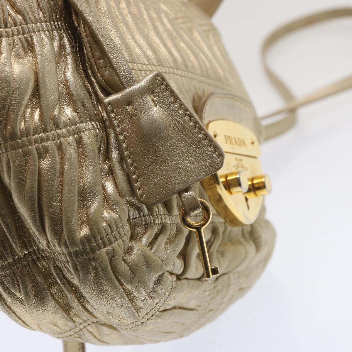 PRADA Gathered Shoulder Bag Leather 2way Gold Tone Auth ki3791