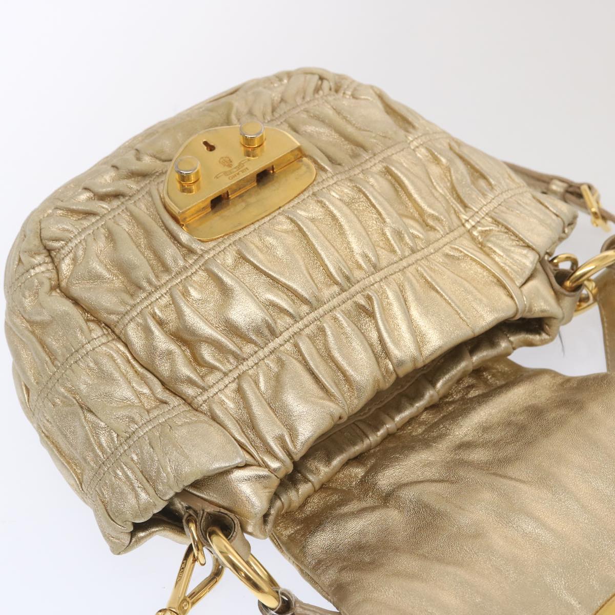 PRADA Gathered Shoulder Bag Leather 2way Gold Tone Auth ki3791