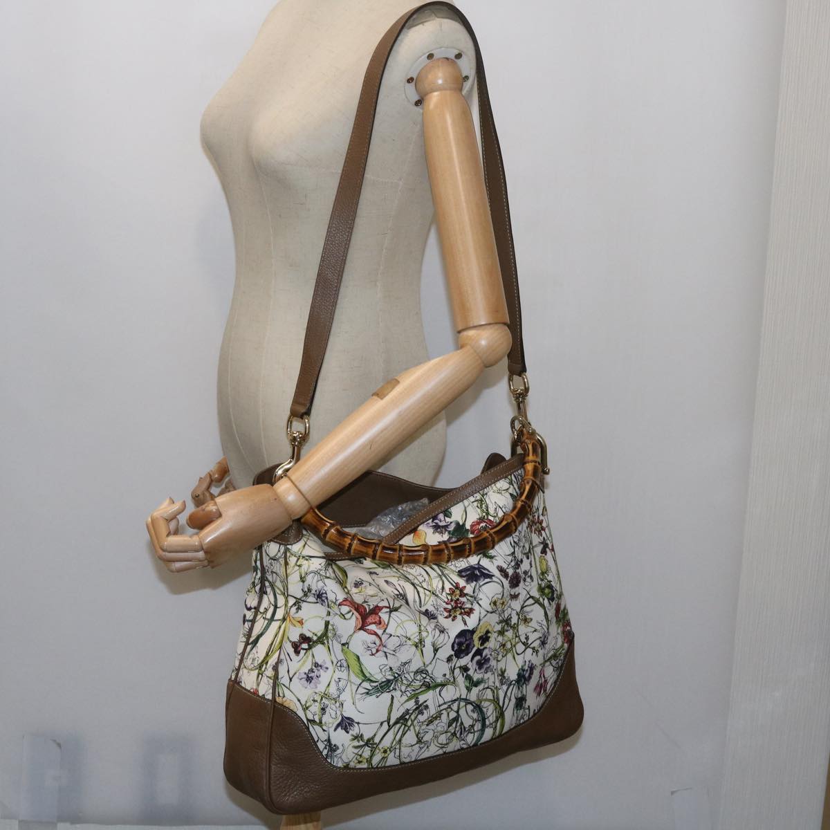 GUCCI Bamboo Flora Shoulder Bag Canvas 2way White Brown 282315 Auth ki3900