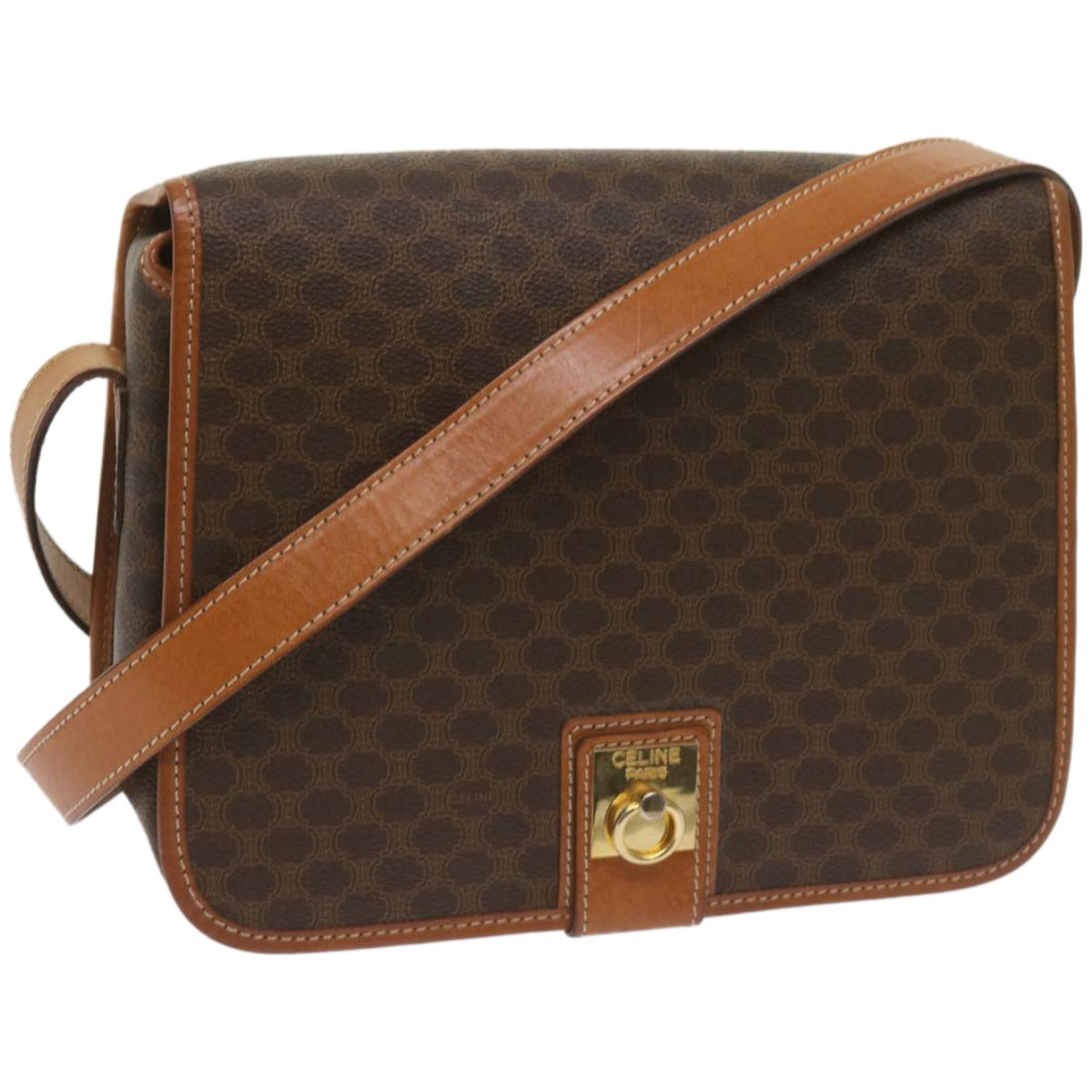CELINE Macadam Canvas Shoulder Bag PVC Leather Brown Auth ki4109