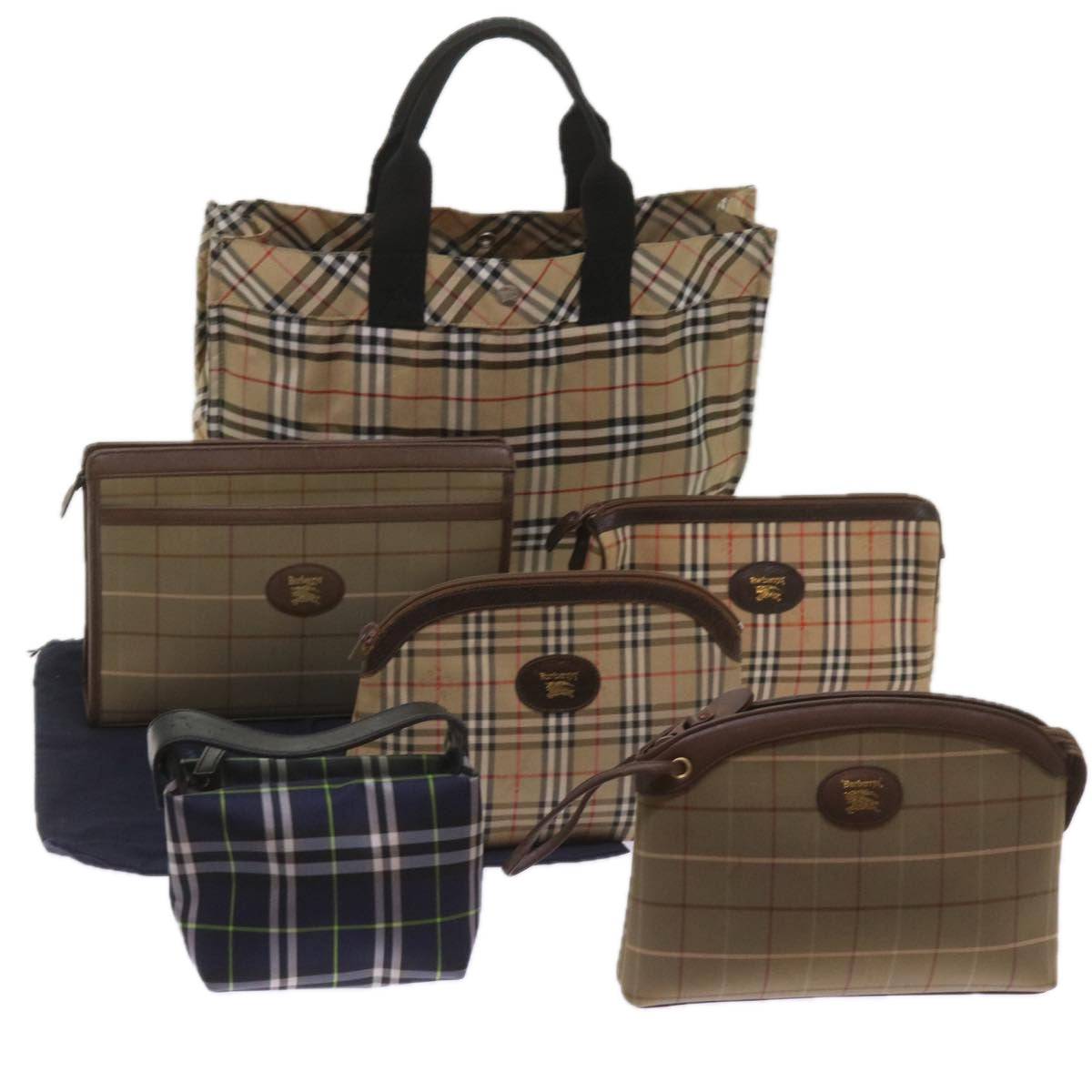 BURBERRY Nova Check Pouch Hand Bag Nylon Canvas 6Set Beige Brown Auth ki4120