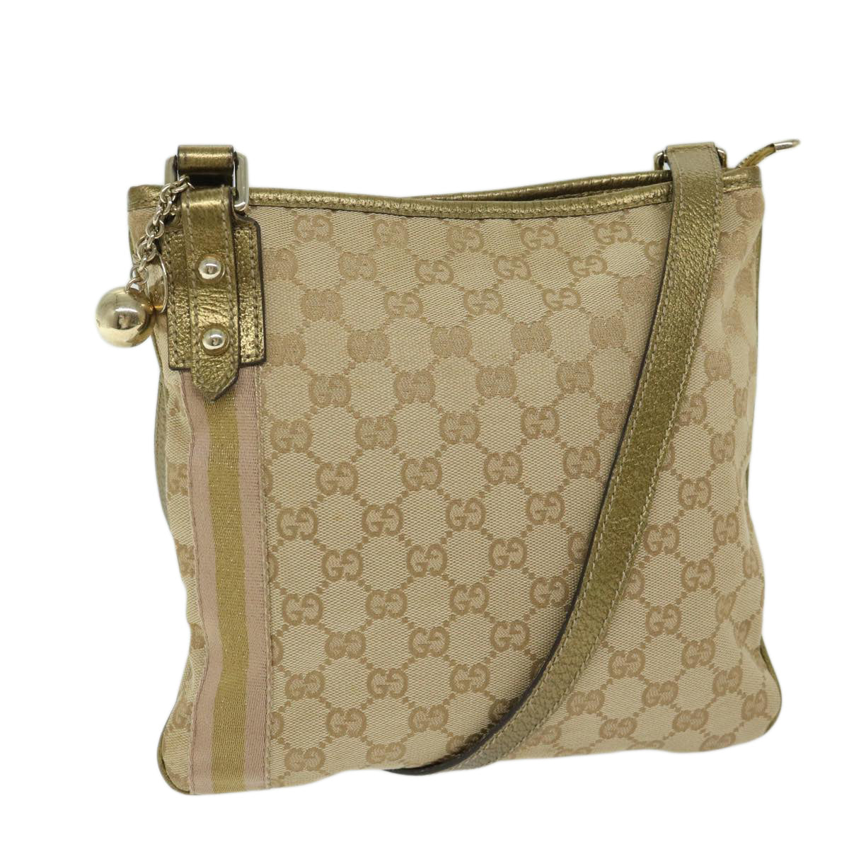 GUCCI GG Canvas Sherry Line Shoulder Bag Beige Pink gold 144388 Auth ki4144