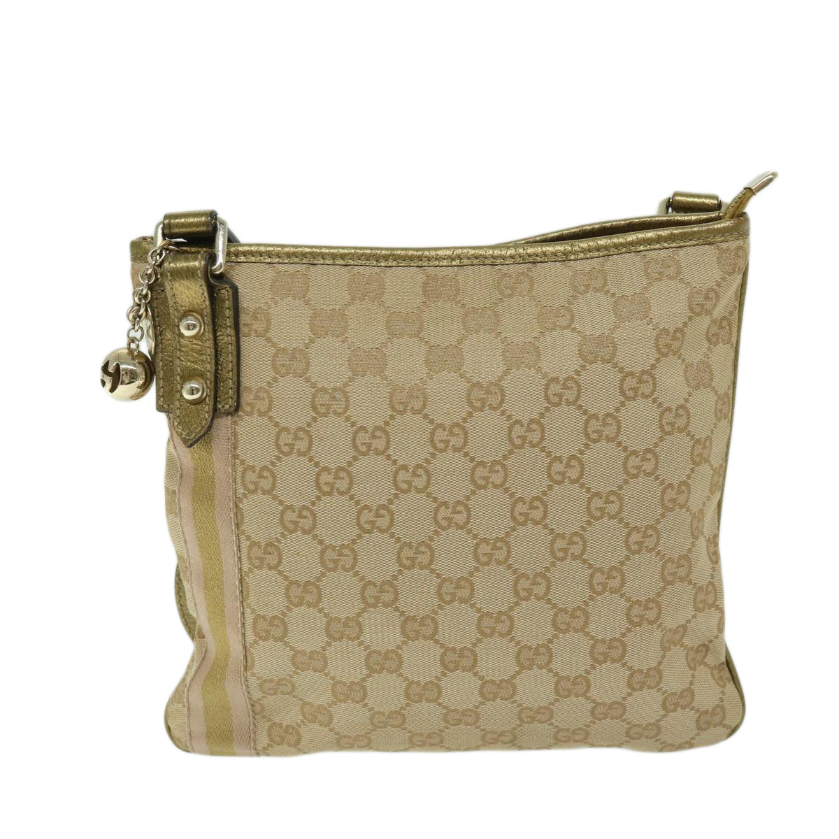 GUCCI GG Canvas Sherry Line Shoulder Bag Beige Pink gold 144388 Auth ki4144