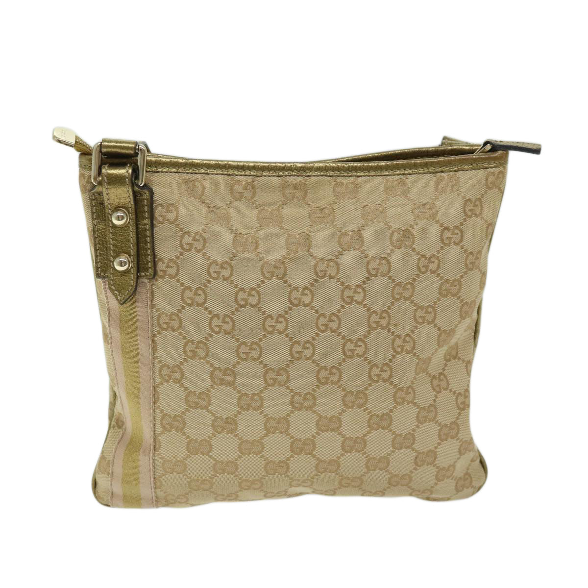 GUCCI GG Canvas Sherry Line Shoulder Bag Beige Pink gold 144388 Auth ki4144