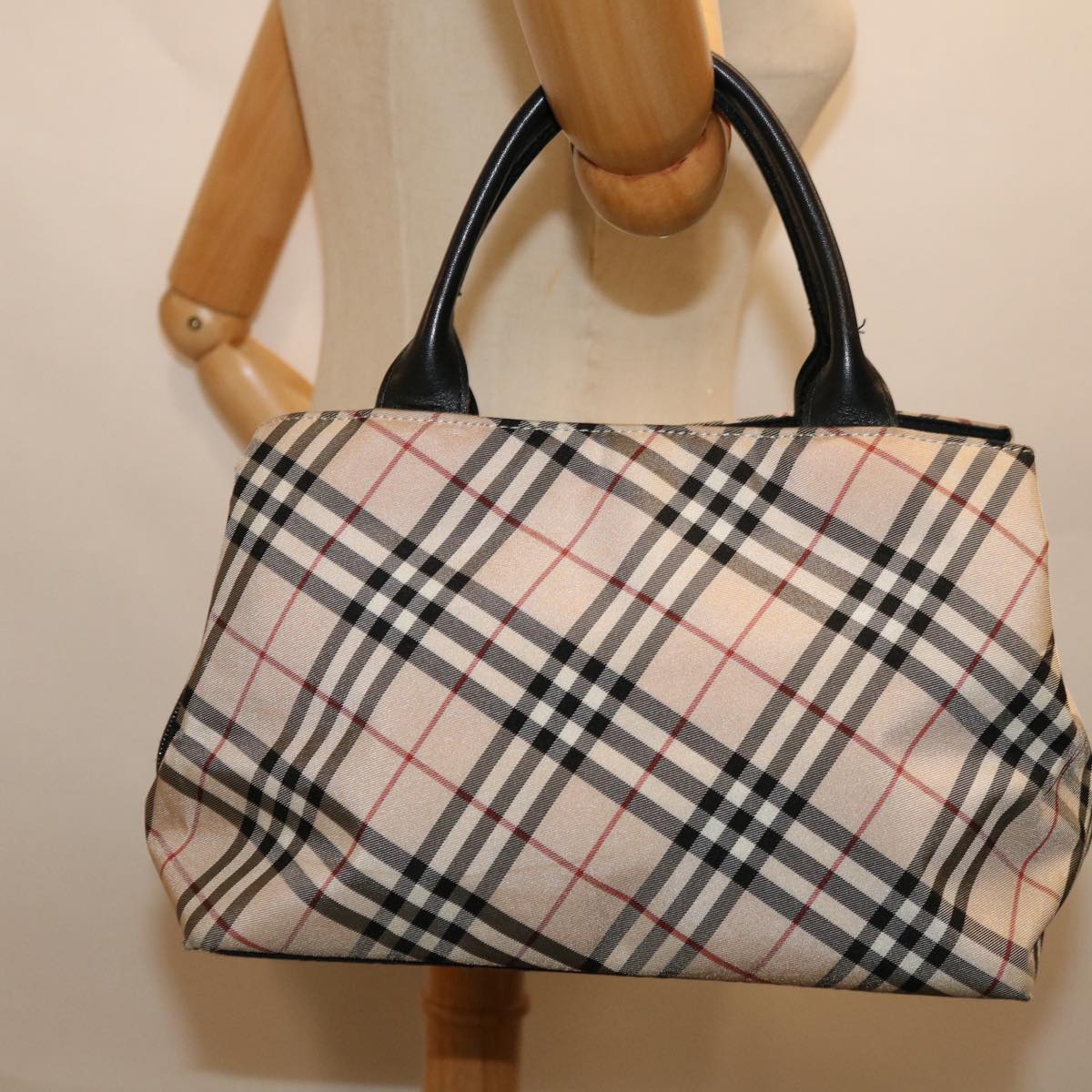 BURBERRY Nova Check Blue Label Tote Bag Nylon Black Beige Auth ki4149