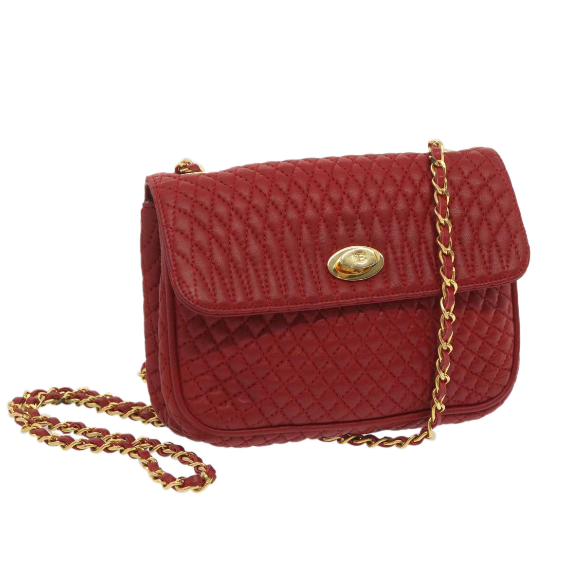 BALLY Matelasse Chain Shoulder Bag Leather Red Auth ki4189